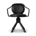 A modern black swivel chair with a curved backrest, integrated armrests, and three angled legs, shown against a plain white background.