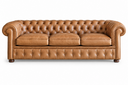 A classic Chesterfield-style leather sofa in a warm tan/cognac brown color, featuring deep button tufting, rolled arms, and three seat cushions, shown against a plain white background.