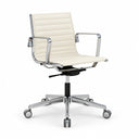 A modern office chair with a cream-colored mesh seat and backrest, supported by a polished chrome five-star base with casters.
