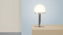 Wilhelm Wagenfeld WA 24 Table Lamp by TECNOLUMEN half-sphere white glass shade chrome stem chrome base lit
