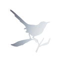 A minimalist silhouette of a bird perched on a branch, shown in a light gray gradient on a solid white background.