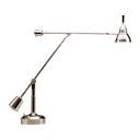 A modern adjustable desk lamp with two conical light heads on articulated metal arms, finished in polished silver-toned metal, shown against a plain white background.