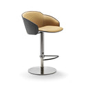 Fasem Electa Bar BT Stool, gold and dark gray upholstered seat with pedestal base, neutral white studio background