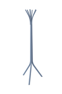 A modern Fleur Coat Stand by Ton, featuring a slim blue steel frame with a three-pronged top and three angled legs, shown on a clean white background with product details text.