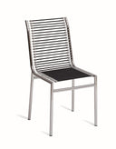 A modern outdoor dining chair with a silver aluminum frame, black woven rope seat and backrest, and silver metal cup holders on the sides, shown on a white background.