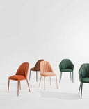 Midj Lea Deluxe S M TS upholstered dining chairs shown in orange, peach, cream and green finishes