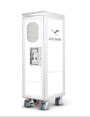A white Lufthansa mobile service or utility container on wheels, featuring rivet detailing, a small arched window, a lock handle, and the Lufthansa logo on the side, set against a plain white background.