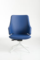 Italia IT10 Steel Management Chair by Luxy, front view with blue upholstered medium back and white four-star swivel base