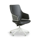 Italia IT10 by Luxy, black upholstered executive visitor chair with white aluminum four-star base, three-quarter view