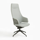 Italia IT5 Steel Executive Chair by Luxy, white high-back upholstery, exposed steel frame and black four-star swivel base, three-quarter view