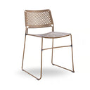 A modern metal side chair with a perforated brown plastic seat and backrest, supported by a slim bronze-finished metal frame, shown on a white background.