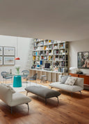 Midj Area DV2 M TS sofa and coordinating lounge furniture in a warm reading room with bookshelves