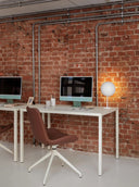 Midj Dalia DS TS brown upholstered armless swivel desk chair with white four-spoke base in a brick-walled office