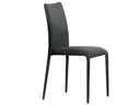 A modern dining chair upholstered in dark charcoal gray fabric with slim black legs, shown from a three-quarter angle against a plain white background.