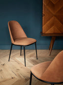 High-resolution Midj Lea S M TS dining side chair in cognac upholstery with black metal legs
