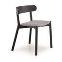 A modern dining chair with a black wood-look frame and a textured gray fabric seat, shown against a plain white background.