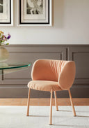 High-resolution front three-quarter view of Midj Mys P M TS peach upholstered armchair