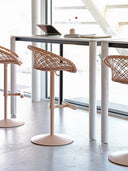 Midj P47 SG TS CU adjustable swivel stools with pale leather lattice backs and circular pedestal bases
