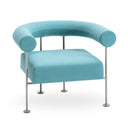 A modern lounge chair with a curved backrest and cylindrical armrests, upholstered in a textured light blue fabric with a slim silver metal frame, shown on a white background.