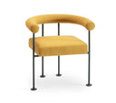 A modern accent chair with a mustard yellow upholstered seat and curved backrest on a black metal frame, shown against a plain white background.