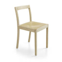 A minimalist light wood dining chair with a square seat and a simple curved backrest, shown on a clean white background.