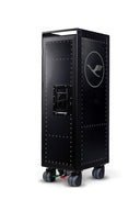 A tall black rolling equipment case or server rack with rivet-style panel details, caster wheels, and a circular bird logo on the side, shown on a plain white background.