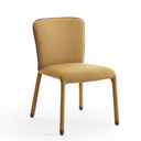 A modern dining chair upholstered in a textured mustard yellow fabric, featuring a tall curved backrest and slim tapered legs with dark protective caps, shown against a plain white background.