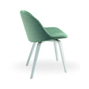 A modern dining chair with a textured mint green woven seat and backrest, supported by slim white legs, shown against a plain white background.