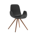 A modern molded plastic chair with a dark gray seat and backrest, supported by four angled light brown wooden legs, shown on a plain white background.