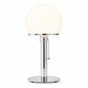 A modern table lamp with a large spherical frosted glass shade, a polished chrome metal stem, and a circular base, shown against a plain white background.