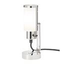 Modern table lamp with chrome finish and white glass shade on a white background