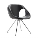 A modern black leather swivel chair with a curved shell design and chrome tripod legs, shown against a solid black background.