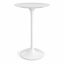A modern white tulip pedestal side table with a round top and a flared base, shown on a clean white background.