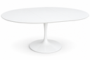 A modern white oval dining table with a tulip base, shown on a clean white background.