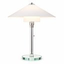 A modern table lamp with a white conical shade, a brushed silver metal stem, and a clear glass circular base, shown lit against a plain white background.