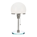 Table lamp with a white globe shade and metal base on a white background